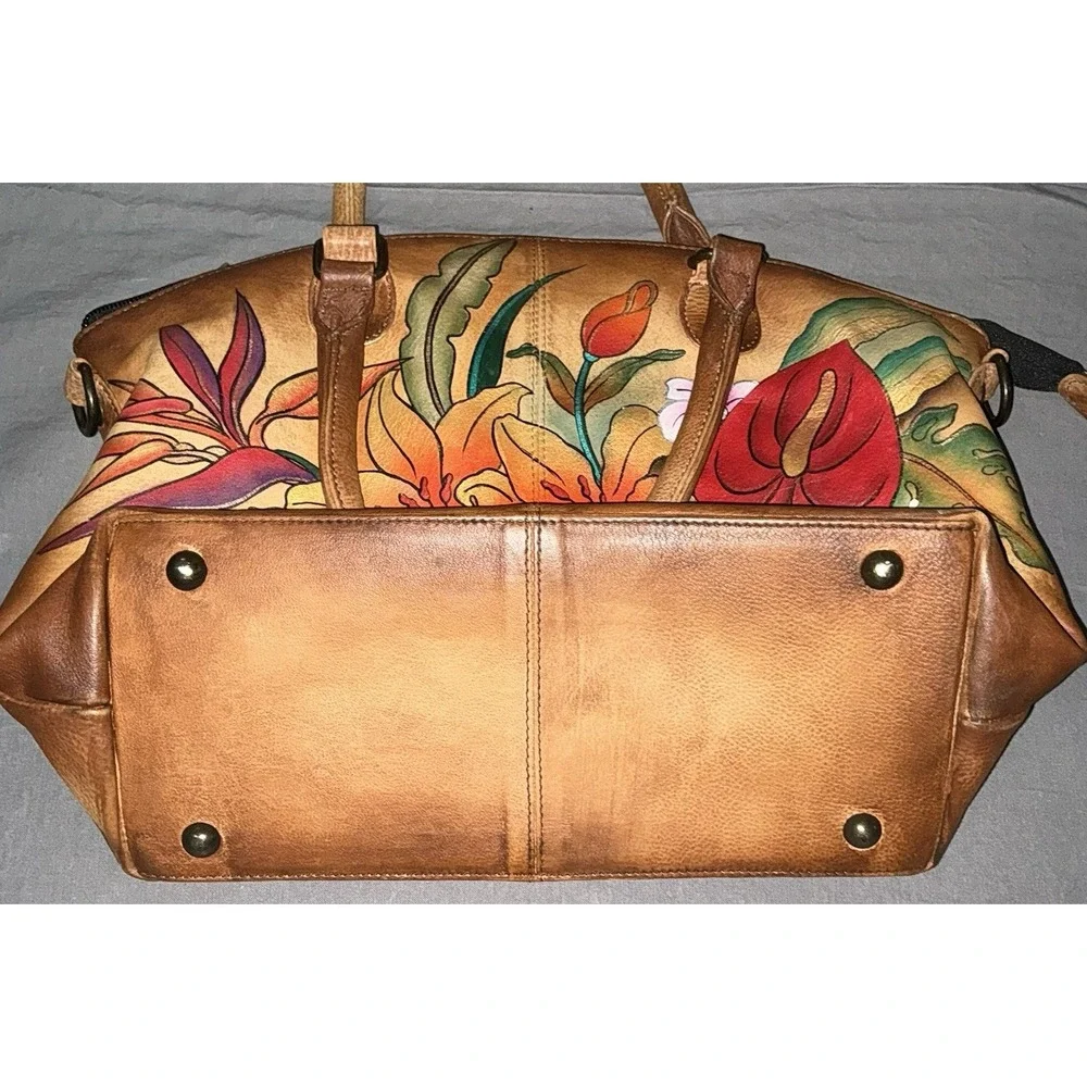 Anuschka Hand Painted Leather Satchel Bag Floral Art Purse Boho Hippie read